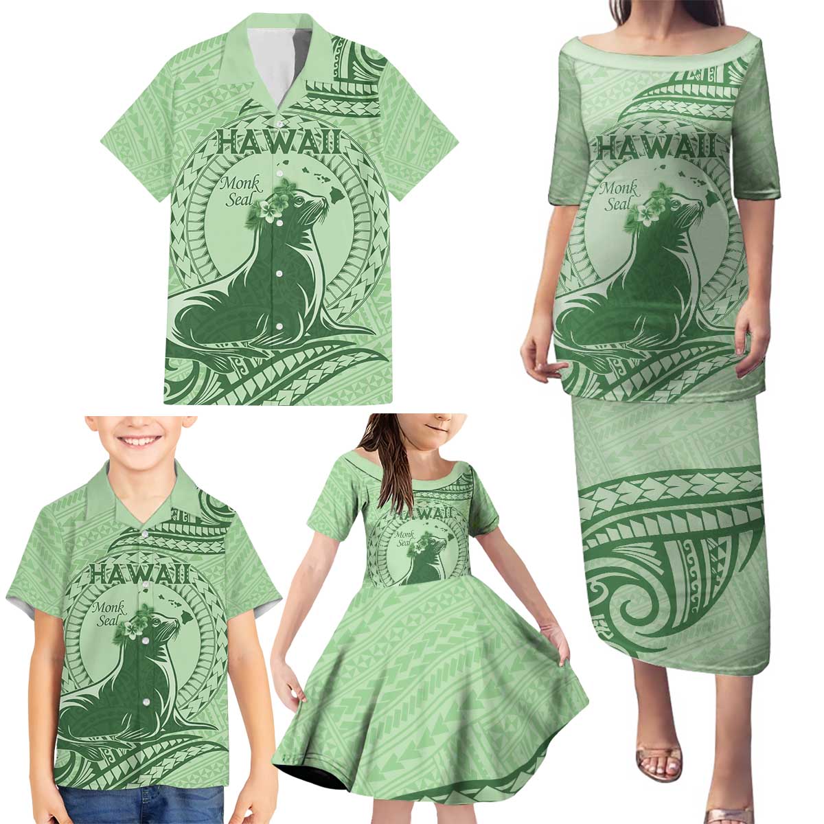 Personalised Hawaii Monk Seal Family Matching Puletasi and Hawaiian Shirt Polynesian Tattoo With Tropical Flowers - Green Pastel LT14 - Polynesian Pride