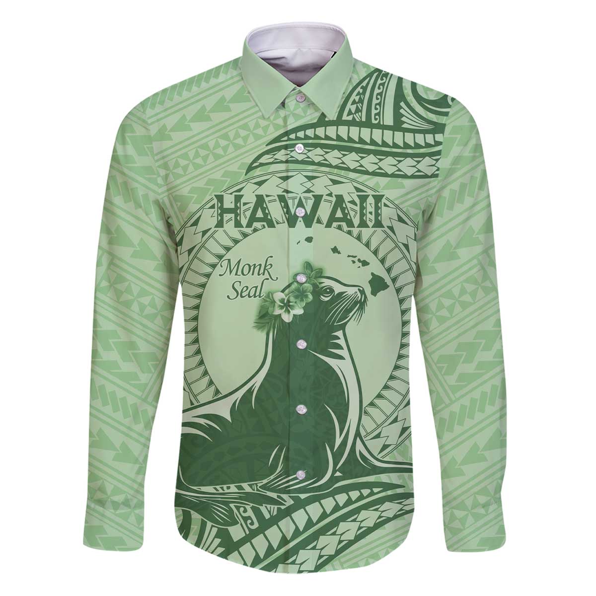 Personalised Hawaii Monk Seal Family Matching Puletasi and Hawaiian Shirt Polynesian Tattoo With Tropical Flowers - Green Pastel LT14 Dad's Shirt - Long Sleeve Green - Polynesian Pride