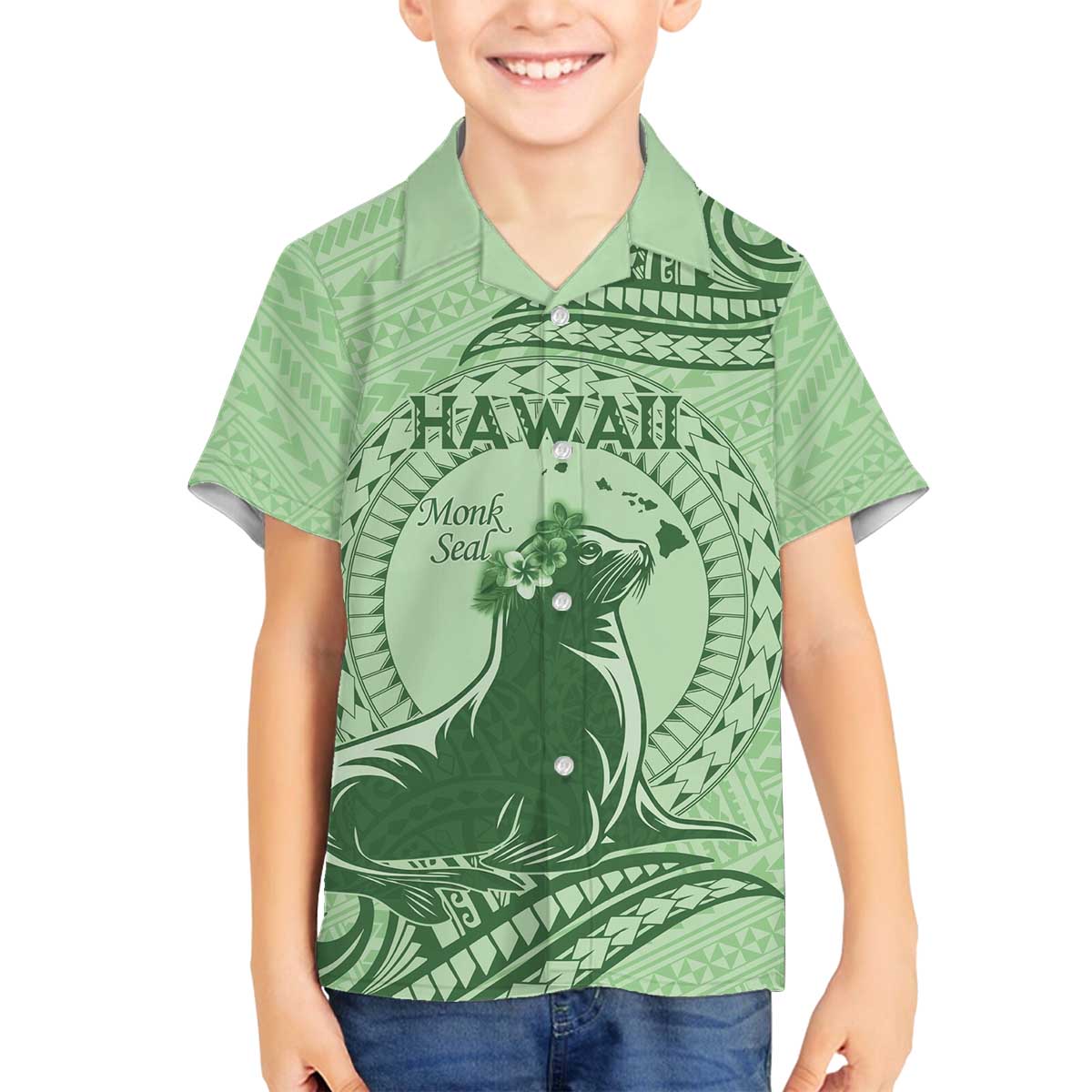 Personalised Hawaii Monk Seal Family Matching Puletasi and Hawaiian Shirt Polynesian Tattoo With Tropical Flowers - Green Pastel LT14 Son's Shirt Green - Polynesian Pride