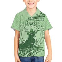 Personalised Hawaii Monk Seal Family Matching Puletasi and Hawaiian Shirt Polynesian Tattoo With Tropical Flowers - Green Pastel LT14 Son's Shirt Green - Polynesian Pride
