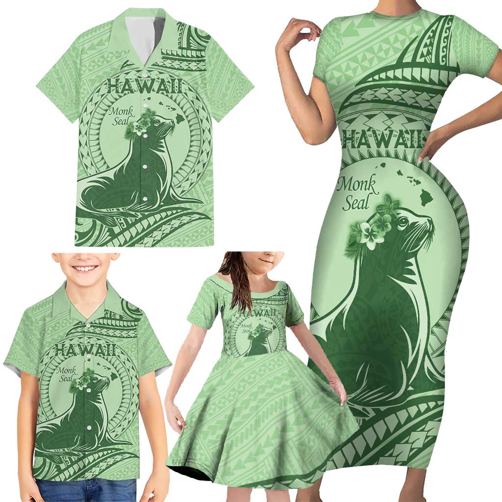 Personalised Hawaii Monk Seal Family Matching Short Sleeve Bodycon Dress and Hawaiian Shirt Polynesian Tattoo With Tropical Flowers - Green Pastel LT14 - Polynesian Pride