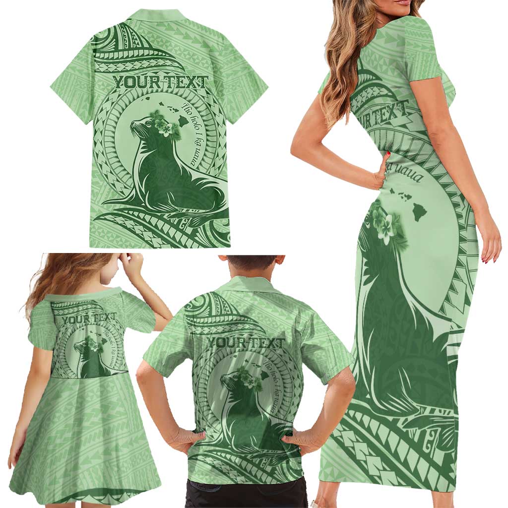 Personalised Hawaii Monk Seal Family Matching Short Sleeve Bodycon Dress and Hawaiian Shirt Polynesian Tattoo With Tropical Flowers - Green Pastel LT14 - Polynesian Pride
