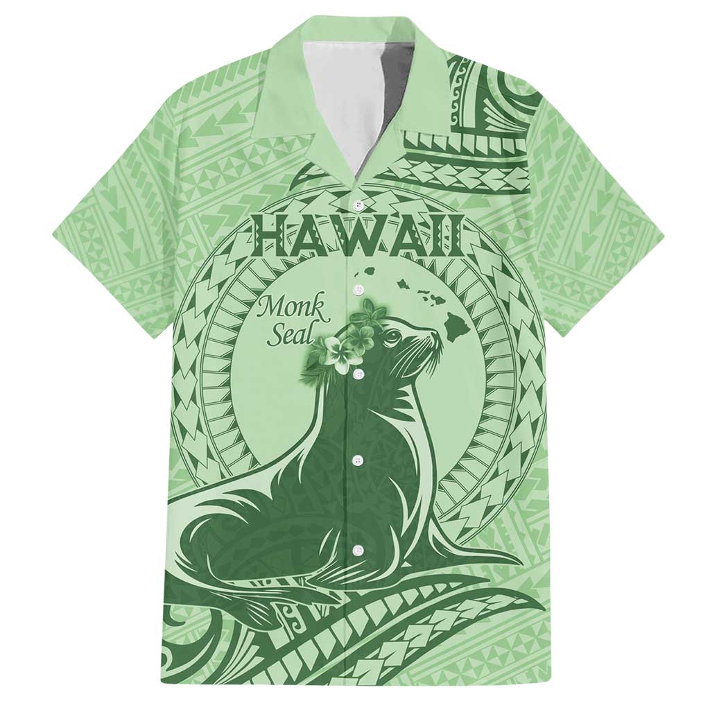 Personalised Hawaii Monk Seal Family Matching Short Sleeve Bodycon Dress and Hawaiian Shirt Polynesian Tattoo With Tropical Flowers - Green Pastel LT14 Dad's Shirt - Short Sleeve Green - Polynesian Pride