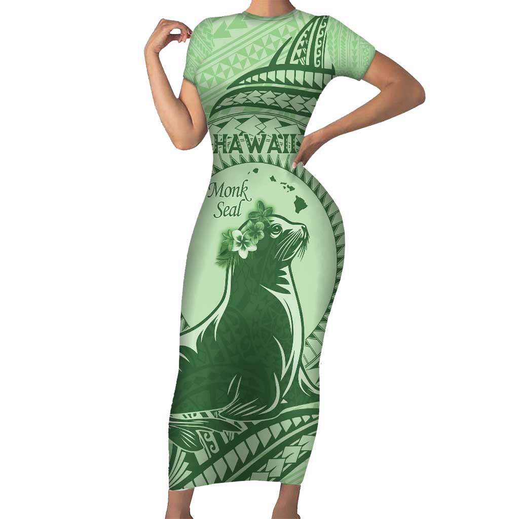 Personalised Hawaii Monk Seal Family Matching Short Sleeve Bodycon Dress and Hawaiian Shirt Polynesian Tattoo With Tropical Flowers - Green Pastel LT14 Mom's Dress Green - Polynesian Pride