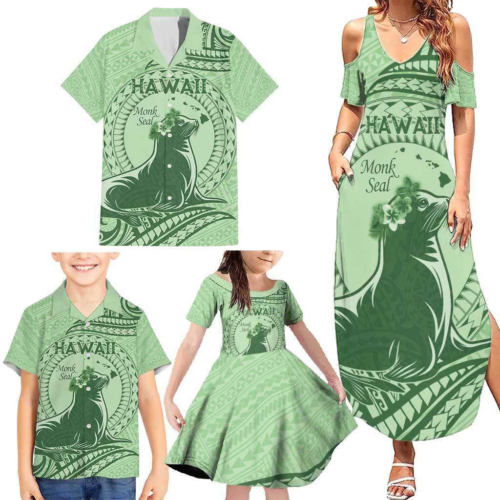Personalised Hawaii Monk Seal Family Matching Summer Maxi Dress and Hawaiian Shirt Polynesian Tattoo With Tropical Flowers - Green Pastel LT14 - Polynesian Pride