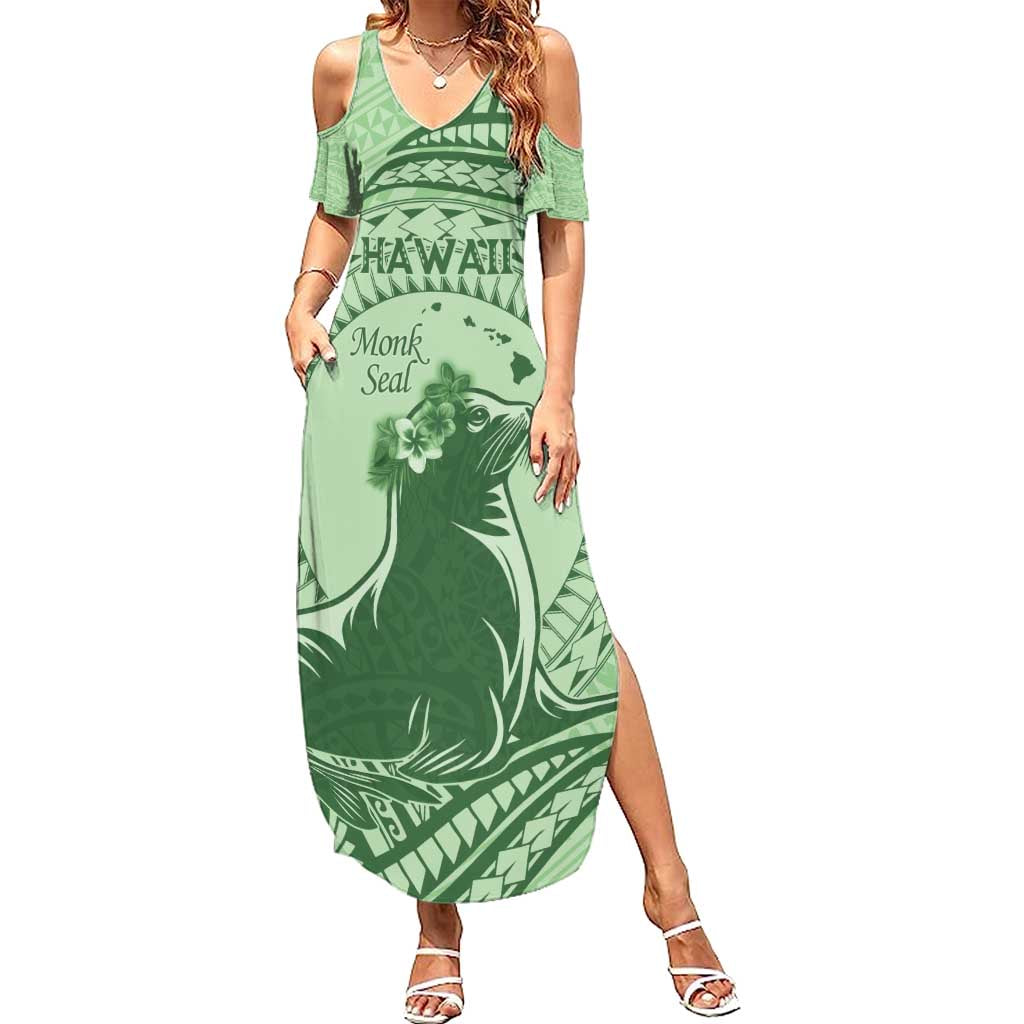 Personalised Hawaii Monk Seal Family Matching Summer Maxi Dress and Hawaiian Shirt Polynesian Tattoo With Tropical Flowers - Green Pastel LT14 Mom's Dress Green - Polynesian Pride