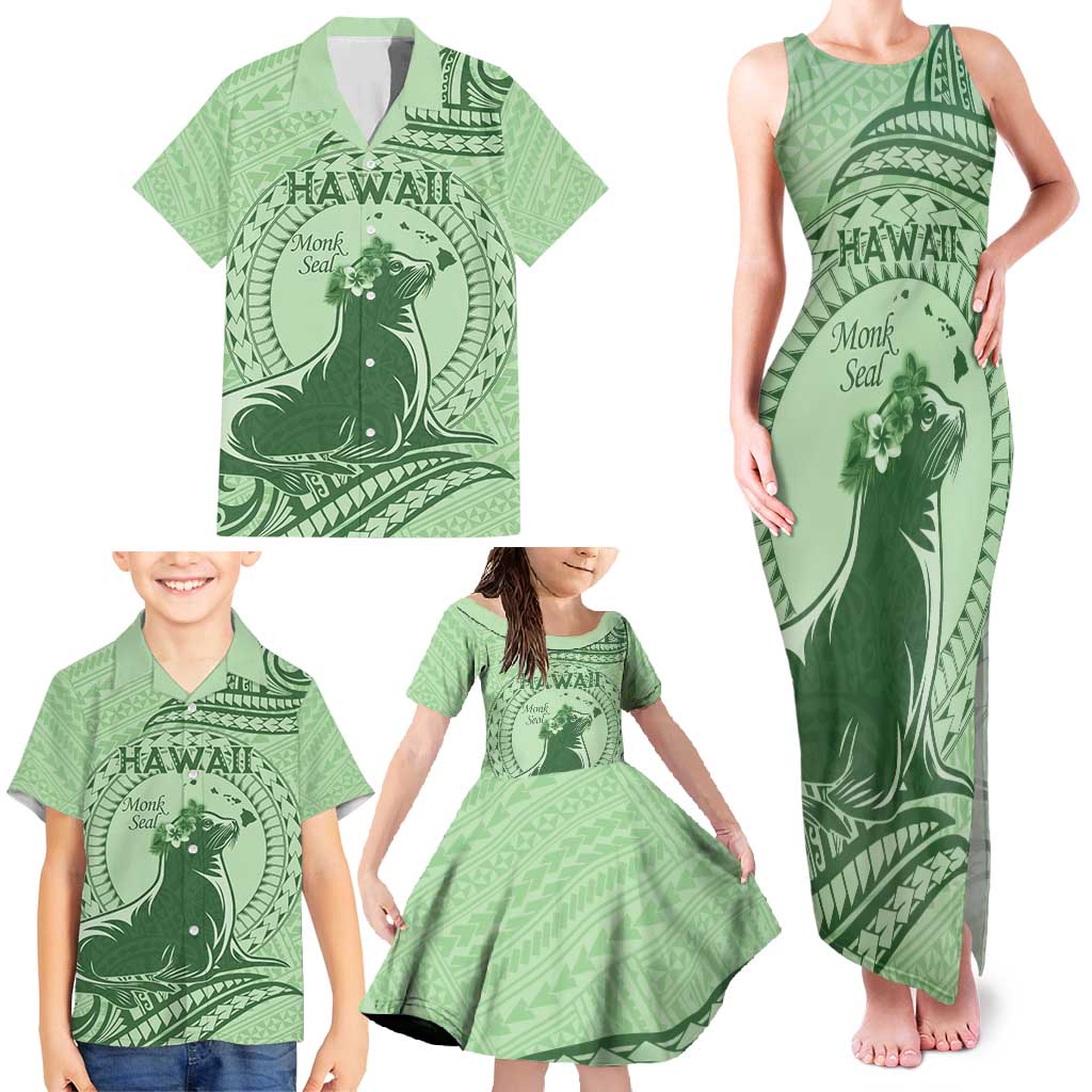 Personalised Hawaii Monk Seal Family Matching Tank Maxi Dress and Hawaiian Shirt Polynesian Tattoo With Tropical Flowers - Green Pastel LT14 - Polynesian Pride