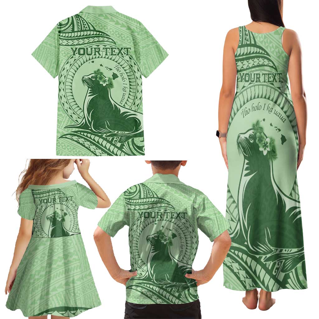 Personalised Hawaii Monk Seal Family Matching Tank Maxi Dress and Hawaiian Shirt Polynesian Tattoo With Tropical Flowers - Green Pastel LT14 - Polynesian Pride