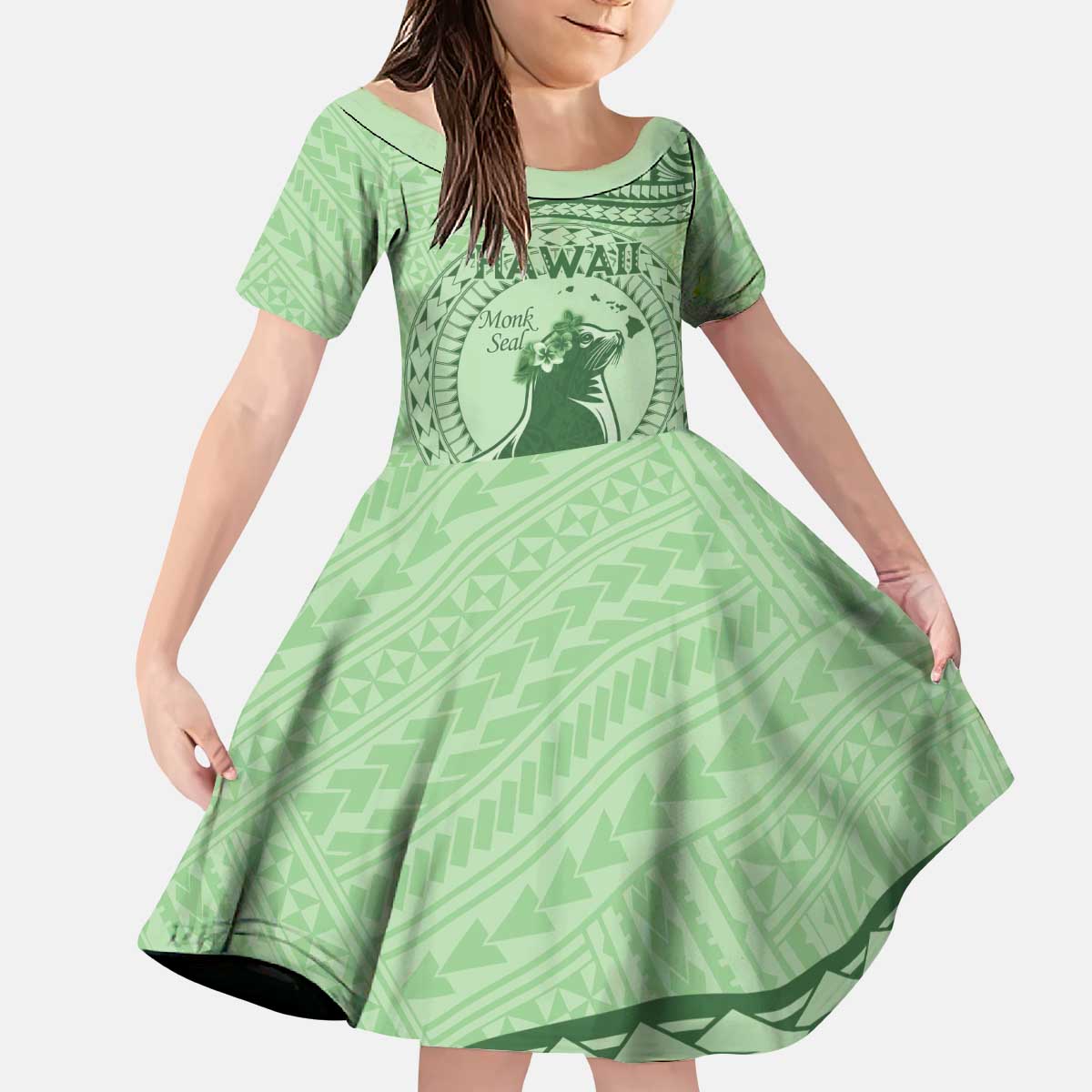 Personalised Hawaii Monk Seal Kid Short Sleeve Dress Polynesian Tattoo With Tropical Flowers - Green Pastel