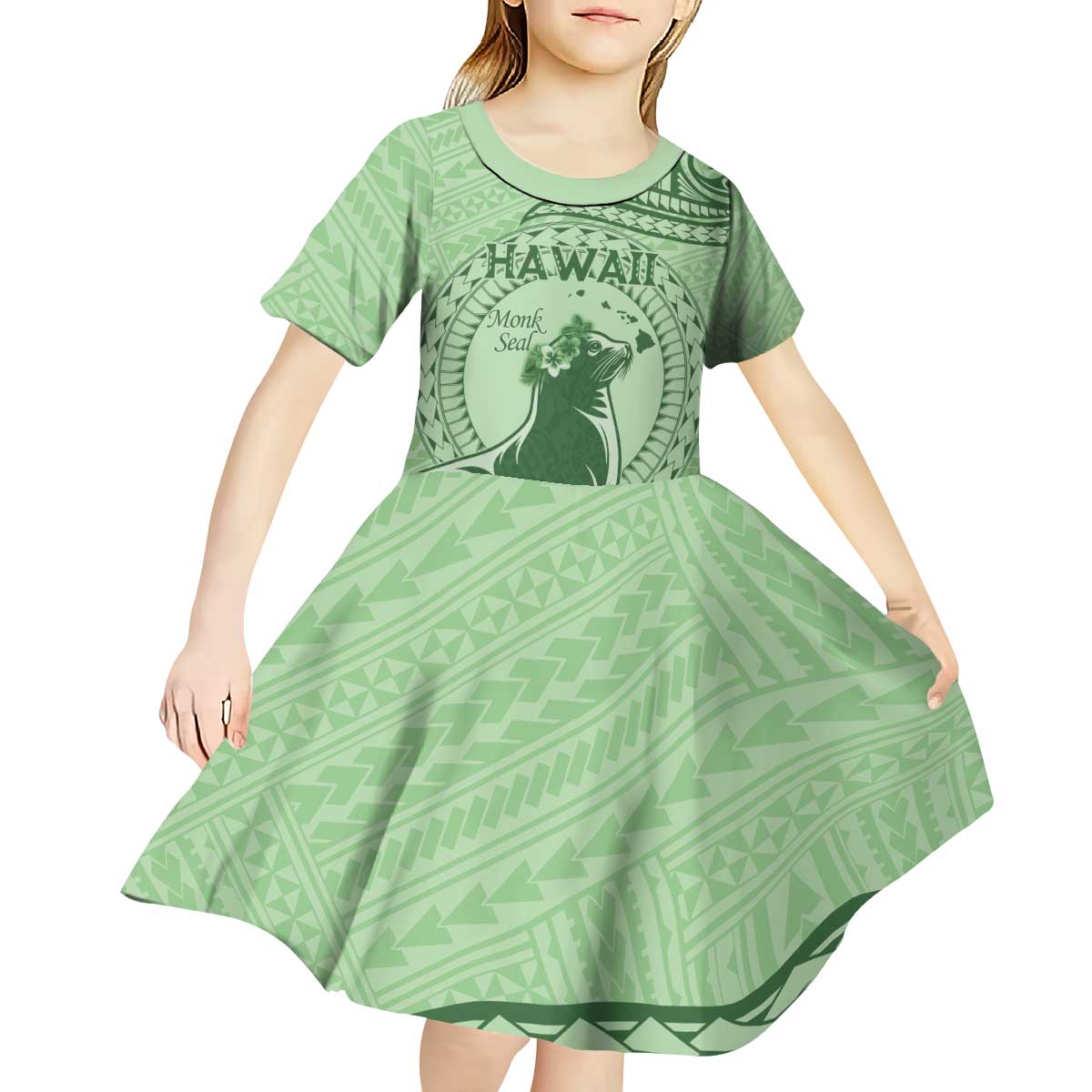 Personalised Hawaii Monk Seal Kid Short Sleeve Dress Polynesian Tattoo With Tropical Flowers - Green Pastel