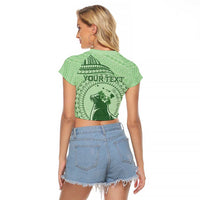 Personalised Hawaii Monk Seal Raglan Cropped T Shirt Polynesian Tattoo With Tropical Flowers - Green Pastel