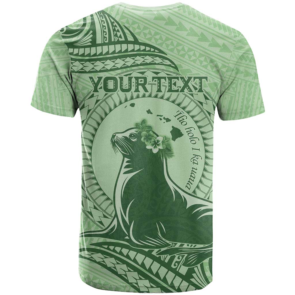 Personalised Hawaii Monk Seal T Shirt Polynesian Tattoo With Tropical Flowers - Green Pastel