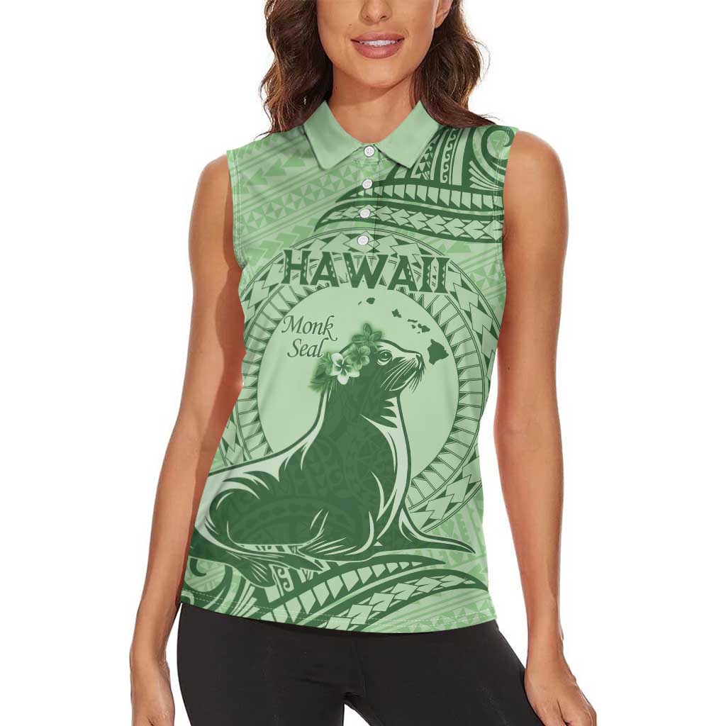 Personalised Hawaii Monk Seal Women Sleeveless Polo Shirt Polynesian Tattoo With Tropical Flowers - Green Pastel