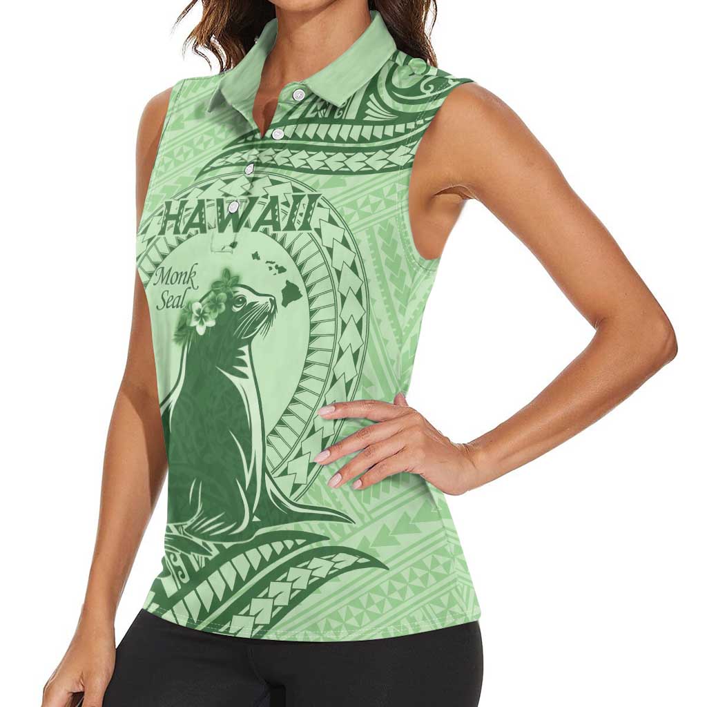 Personalised Hawaii Monk Seal Women Sleeveless Polo Shirt Polynesian Tattoo With Tropical Flowers - Green Pastel
