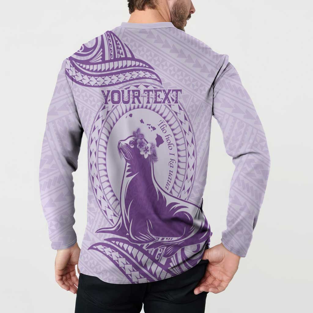 Personalised Hawaii Monk Seal Button Sweatshirt Polynesian Tattoo With Tropical Flowers - Purple Pastel