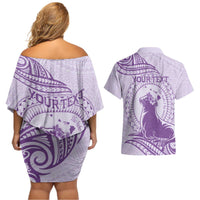 Personalised Hawaii Monk Seal Couples Matching Off Shoulder Short Dress and Hawaiian Shirt Polynesian Tattoo With Tropical Flowers - Purple Pastel