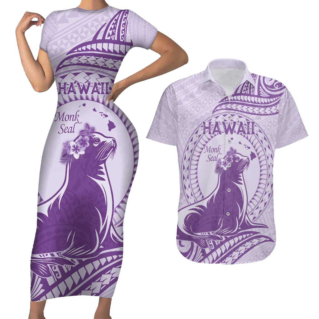 Personalised Hawaii Monk Seal Couples Matching Short Sleeve Bodycon Dress and Hawaiian Shirt Polynesian Tattoo With Tropical Flowers - Purple Pastel LT14 Purple - Polynesian Pride
