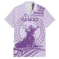 Personalised Hawaii Monk Seal Family Matching Off The Shoulder Long Sleeve Dress and Hawaiian Shirt Polynesian Tattoo With Tropical Flowers - Purple Pastel LT14 Dad's Shirt - Short Sleeve Purple - Polynesian Pride