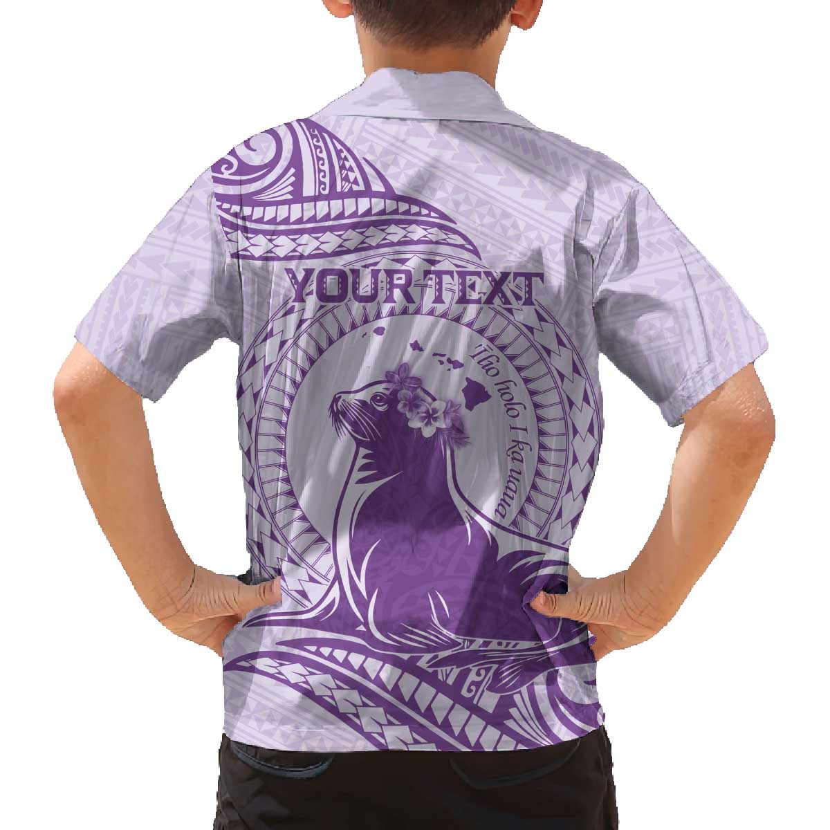 Personalised Hawaii Monk Seal Family Matching Off Shoulder Short Dress and Hawaiian Shirt Polynesian Tattoo With Tropical Flowers - Purple Pastel LT14 - Polynesian Pride