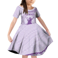 Personalised Hawaii Monk Seal Family Matching Off Shoulder Short Dress and Hawaiian Shirt Polynesian Tattoo With Tropical Flowers - Purple Pastel LT14 Daughter's Dress Purple - Polynesian Pride