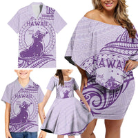 Personalised Hawaii Monk Seal Family Matching Off Shoulder Short Dress and Hawaiian Shirt Polynesian Tattoo With Tropical Flowers - Purple Pastel LT14 - Polynesian Pride