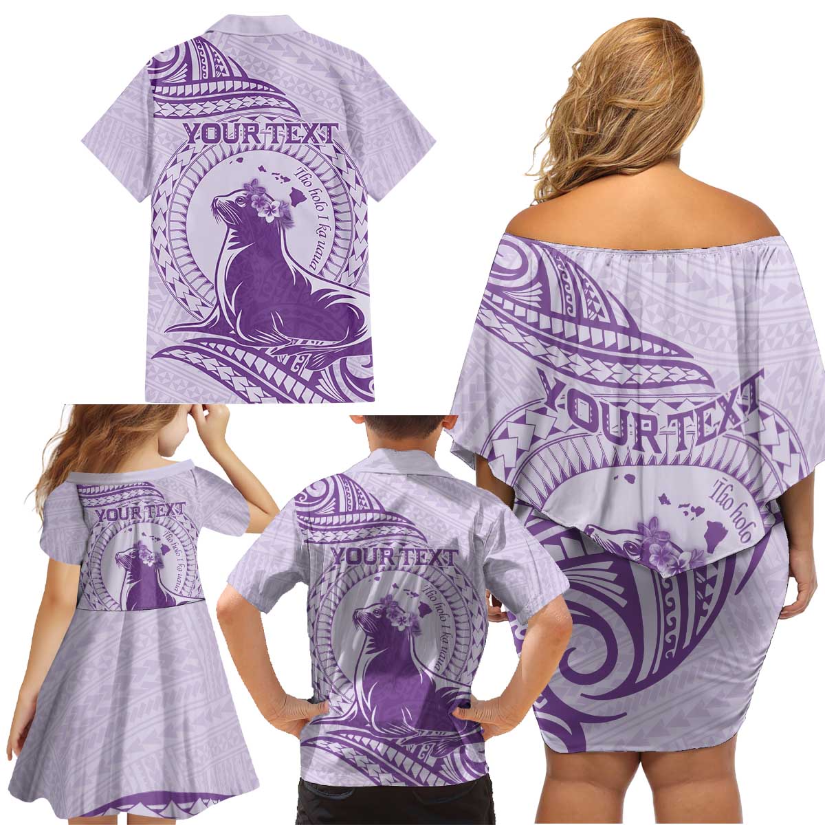Personalised Hawaii Monk Seal Family Matching Off Shoulder Short Dress and Hawaiian Shirt Polynesian Tattoo With Tropical Flowers - Purple Pastel LT14 - Polynesian Pride