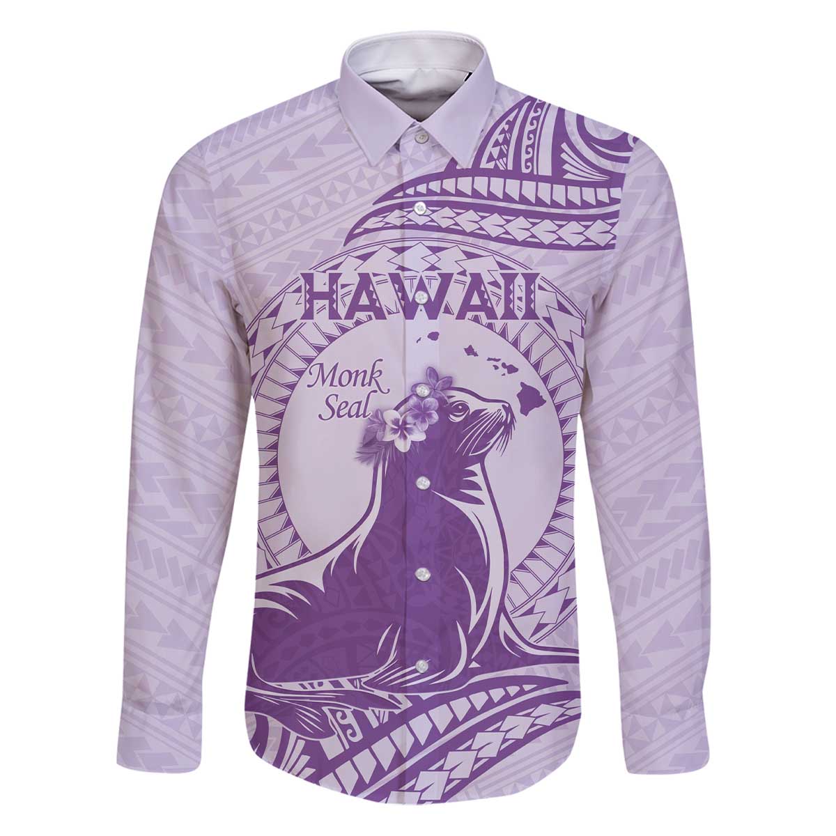 Personalised Hawaii Monk Seal Family Matching Puletasi and Hawaiian Shirt Polynesian Tattoo With Tropical Flowers - Purple Pastel LT14 Dad's Shirt - Long Sleeve Purple - Polynesian Pride