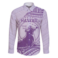 Personalised Hawaii Monk Seal Family Matching Puletasi and Hawaiian Shirt Polynesian Tattoo With Tropical Flowers - Purple Pastel LT14 Dad's Shirt - Long Sleeve Purple - Polynesian Pride
