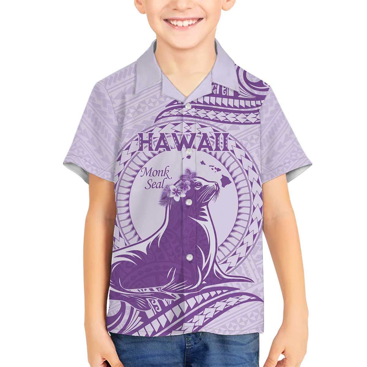Personalised Hawaii Monk Seal Family Matching Puletasi and Hawaiian Shirt Polynesian Tattoo With Tropical Flowers - Purple Pastel LT14 Son's Shirt Purple - Polynesian Pride