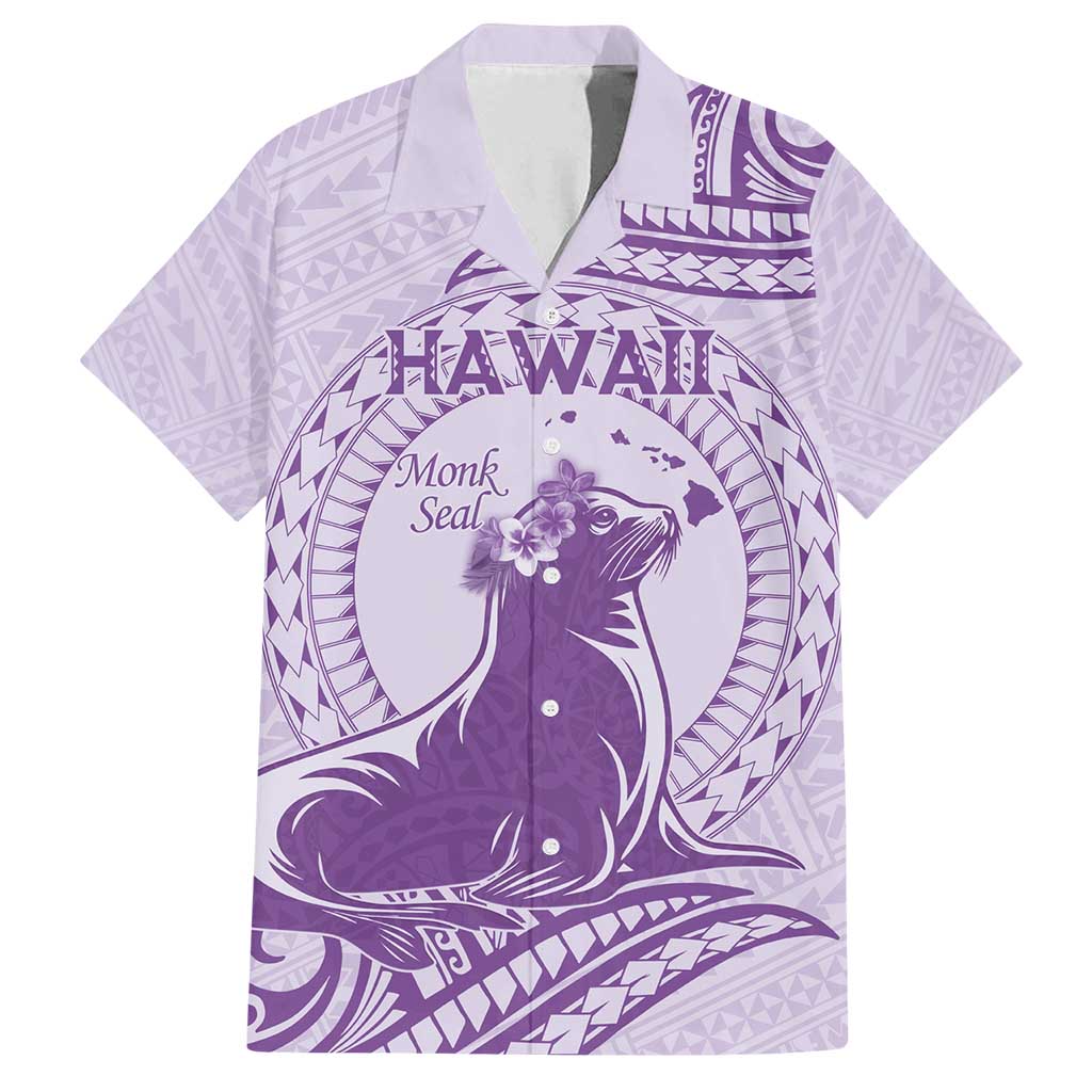 Personalised Hawaii Monk Seal Family Matching Tank Maxi Dress and Hawaiian Shirt Polynesian Tattoo With Tropical Flowers - Purple Pastel LT14 Dad's Shirt - Short Sleeve Purple - Polynesian Pride