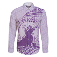 Personalised Hawaii Monk Seal Family Matching Tank Maxi Dress and Hawaiian Shirt Polynesian Tattoo With Tropical Flowers - Purple Pastel LT14 Dad's Shirt - Long Sleeve Purple - Polynesian Pride