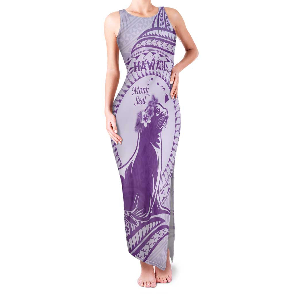 Personalised Hawaii Monk Seal Family Matching Tank Maxi Dress and Hawaiian Shirt Polynesian Tattoo With Tropical Flowers - Purple Pastel LT14 Mom's Dress Purple - Polynesian Pride