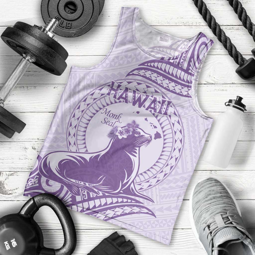 Personalised Hawaii Monk Seal Men Tank Top Polynesian Tattoo With Tropical Flowers - Purple Pastel
