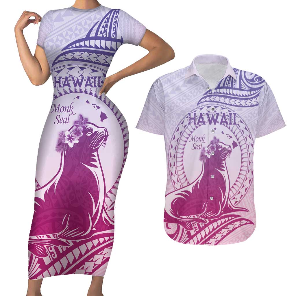 Personalised Hawaii Monk Seal Couples Matching Short Sleeve Bodycon Dress and Hawaiian Shirt Polynesian Tattoo With Tropical Flowers - Purple Gradient LT14 Purple - Polynesian Pride