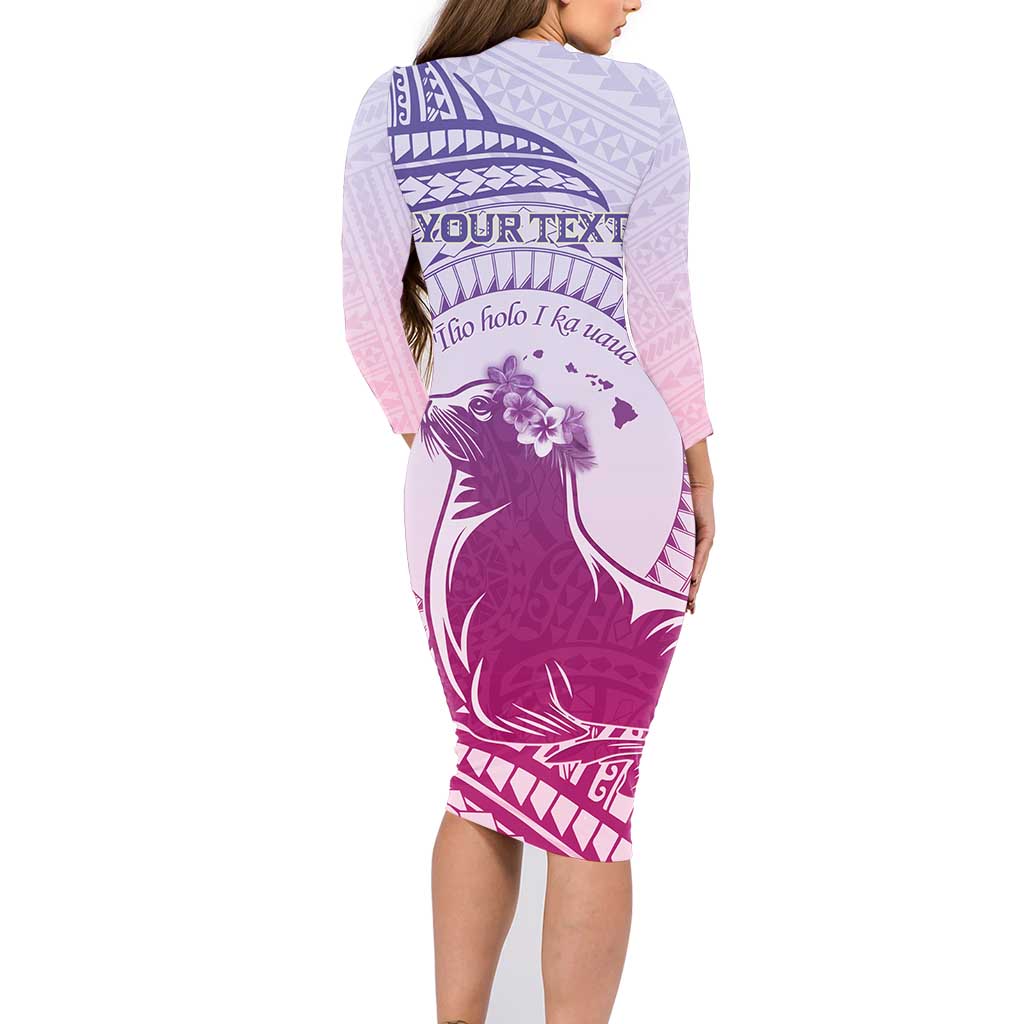 Personalised Hawaii Monk Seal Family Matching Long Sleeve Bodycon Dress and Hawaiian Shirt Polynesian Tattoo With Tropical Flowers - Purple Gradient