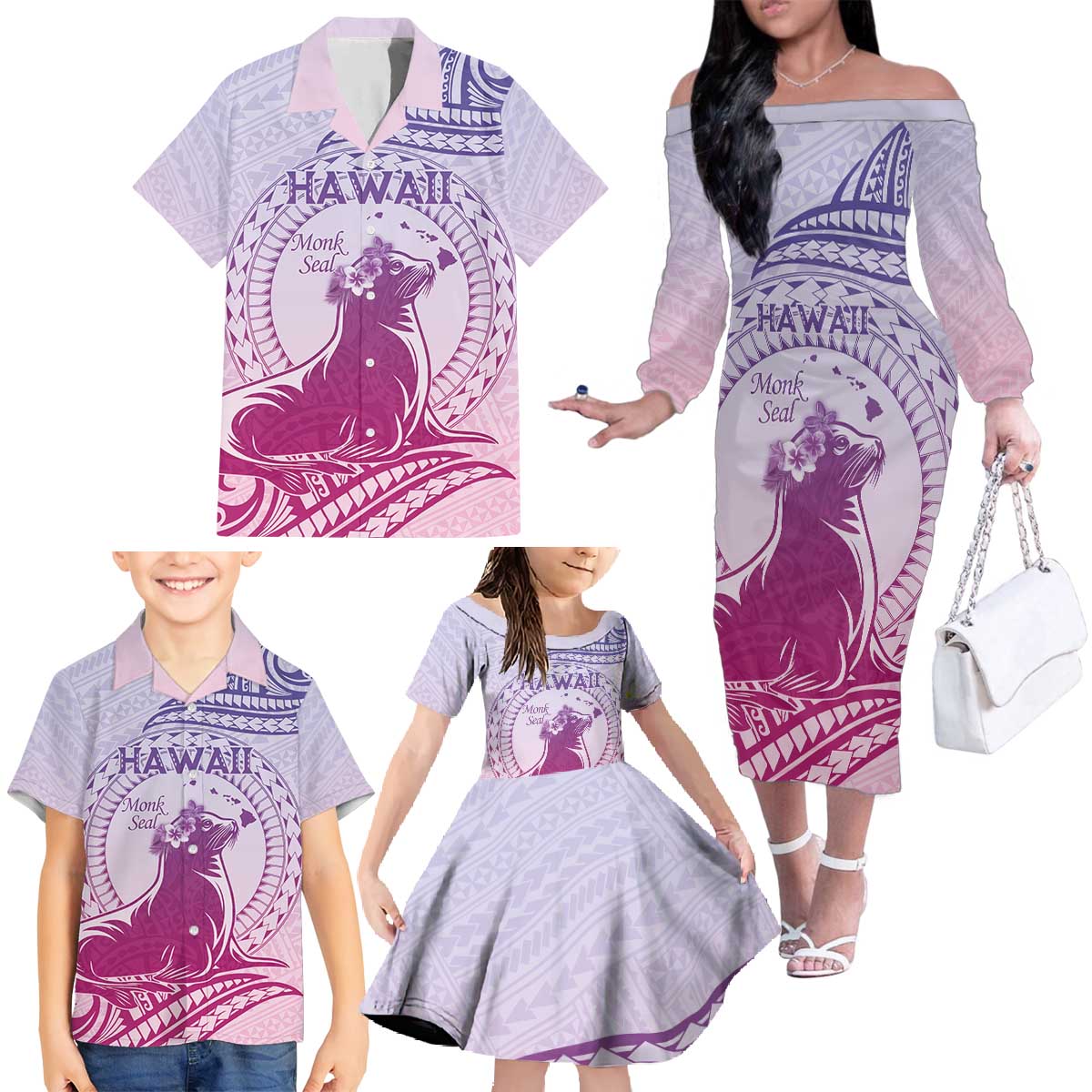 Personalised Hawaii Monk Seal Family Matching Off The Shoulder Long Sleeve Dress and Hawaiian Shirt Polynesian Tattoo With Tropical Flowers - Purple Gradient LT14 - Polynesian Pride