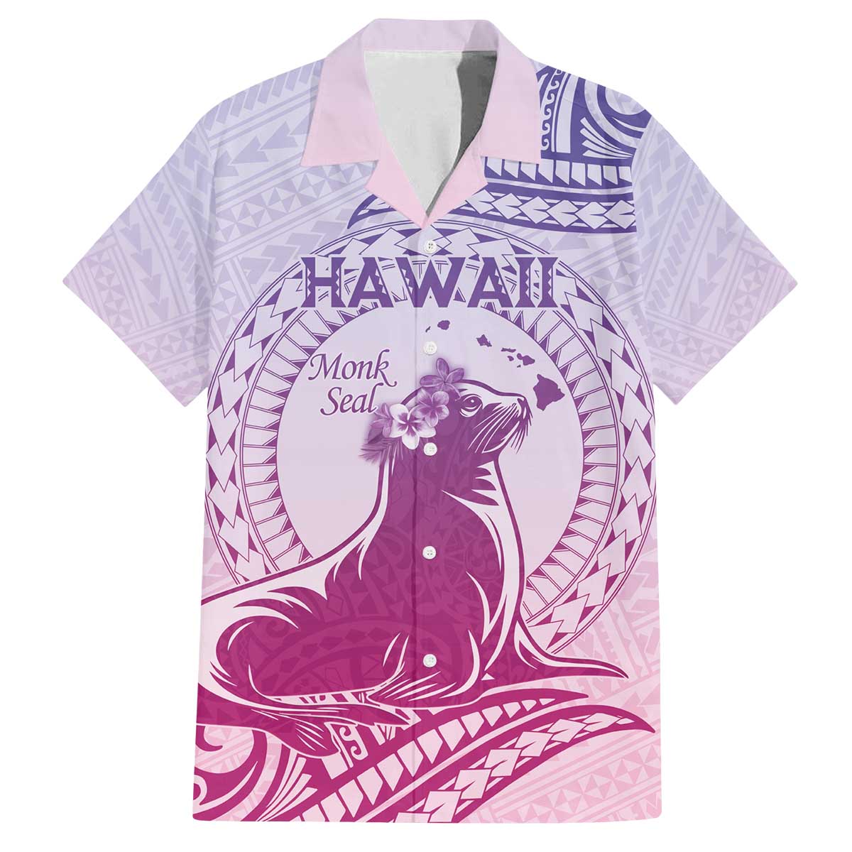 Personalised Hawaii Monk Seal Family Matching Off The Shoulder Long Sleeve Dress and Hawaiian Shirt Polynesian Tattoo With Tropical Flowers - Purple Gradient LT14 Dad's Shirt - Short Sleeve Purple - Polynesian Pride