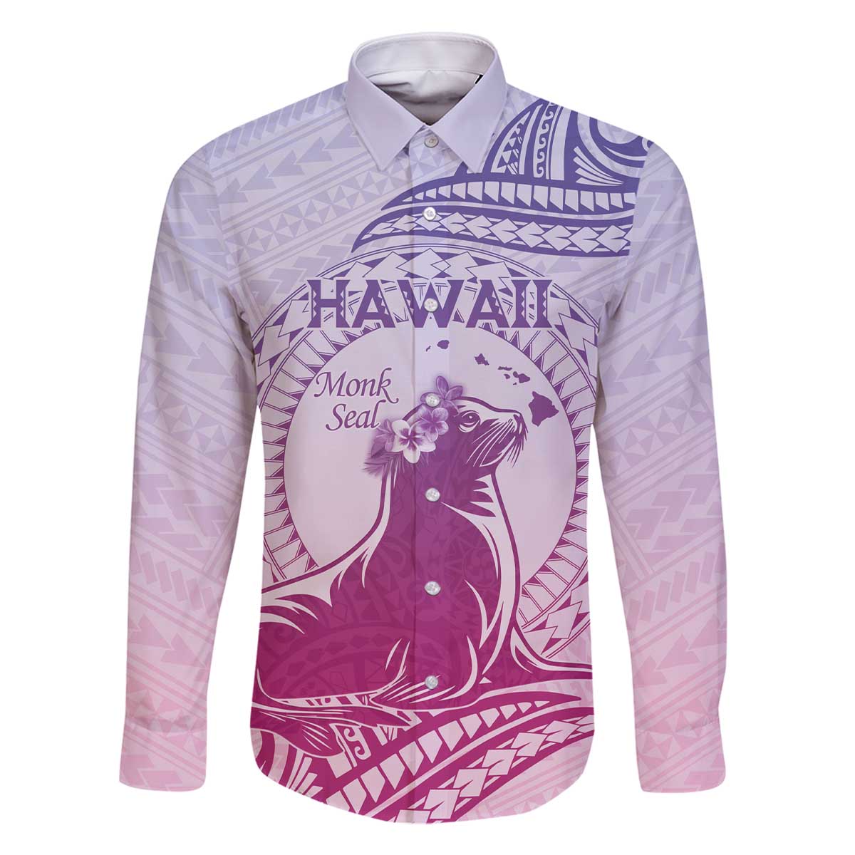 Personalised Hawaii Monk Seal Family Matching Off The Shoulder Long Sleeve Dress and Hawaiian Shirt Polynesian Tattoo With Tropical Flowers - Purple Gradient LT14 Dad's Shirt - Long Sleeve Purple - Polynesian Pride