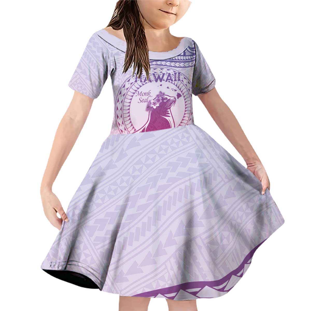 Personalised Hawaii Monk Seal Family Matching Off Shoulder Short Dress and Hawaiian Shirt Polynesian Tattoo With Tropical Flowers - Purple Gradient LT14 Daughter's Dress Purple - Polynesian Pride
