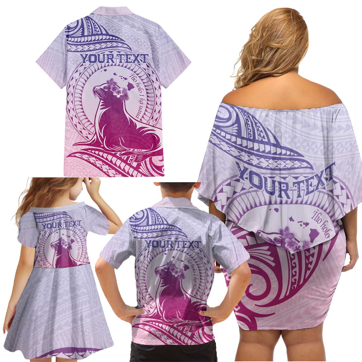 Personalised Hawaii Monk Seal Family Matching Off Shoulder Short Dress and Hawaiian Shirt Polynesian Tattoo With Tropical Flowers - Purple Gradient LT14 - Polynesian Pride