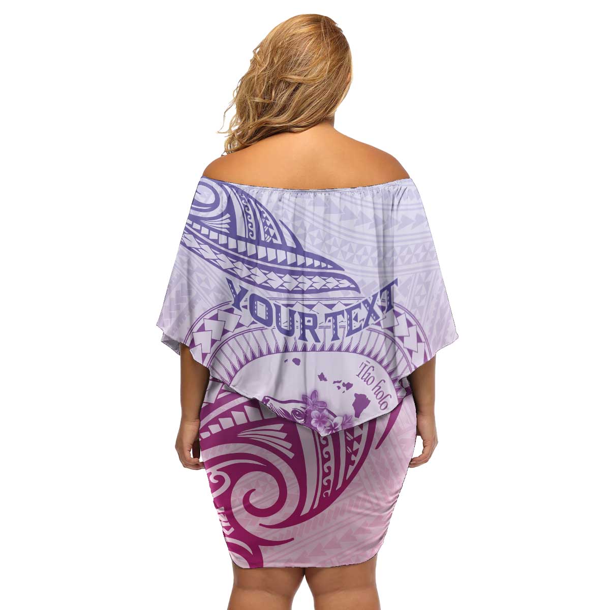 Personalised Hawaii Monk Seal Family Matching Off Shoulder Short Dress and Hawaiian Shirt Polynesian Tattoo With Tropical Flowers - Purple Gradient LT14 - Polynesian Pride