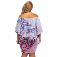 Personalised Hawaii Monk Seal Family Matching Off Shoulder Short Dress and Hawaiian Shirt Polynesian Tattoo With Tropical Flowers - Purple Gradient LT14 - Polynesian Pride