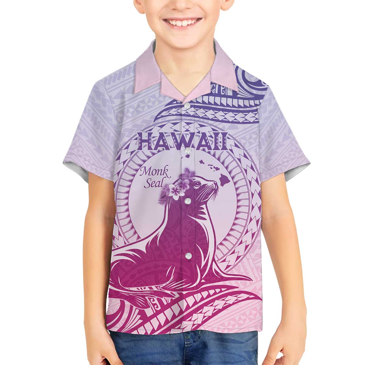 Personalised Hawaii Monk Seal Family Matching Off Shoulder Short Dress and Hawaiian Shirt Polynesian Tattoo With Tropical Flowers - Purple Gradient LT14 Son's Shirt Purple - Polynesian Pride