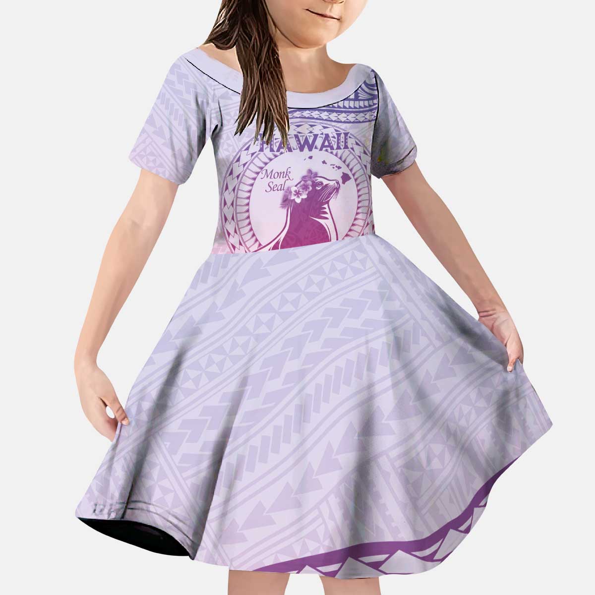 Personalised Hawaii Monk Seal Family Matching Puletasi and Hawaiian Shirt Polynesian Tattoo With Tropical Flowers - Purple Gradient LT14 Daughter's Dress Purple - Polynesian Pride