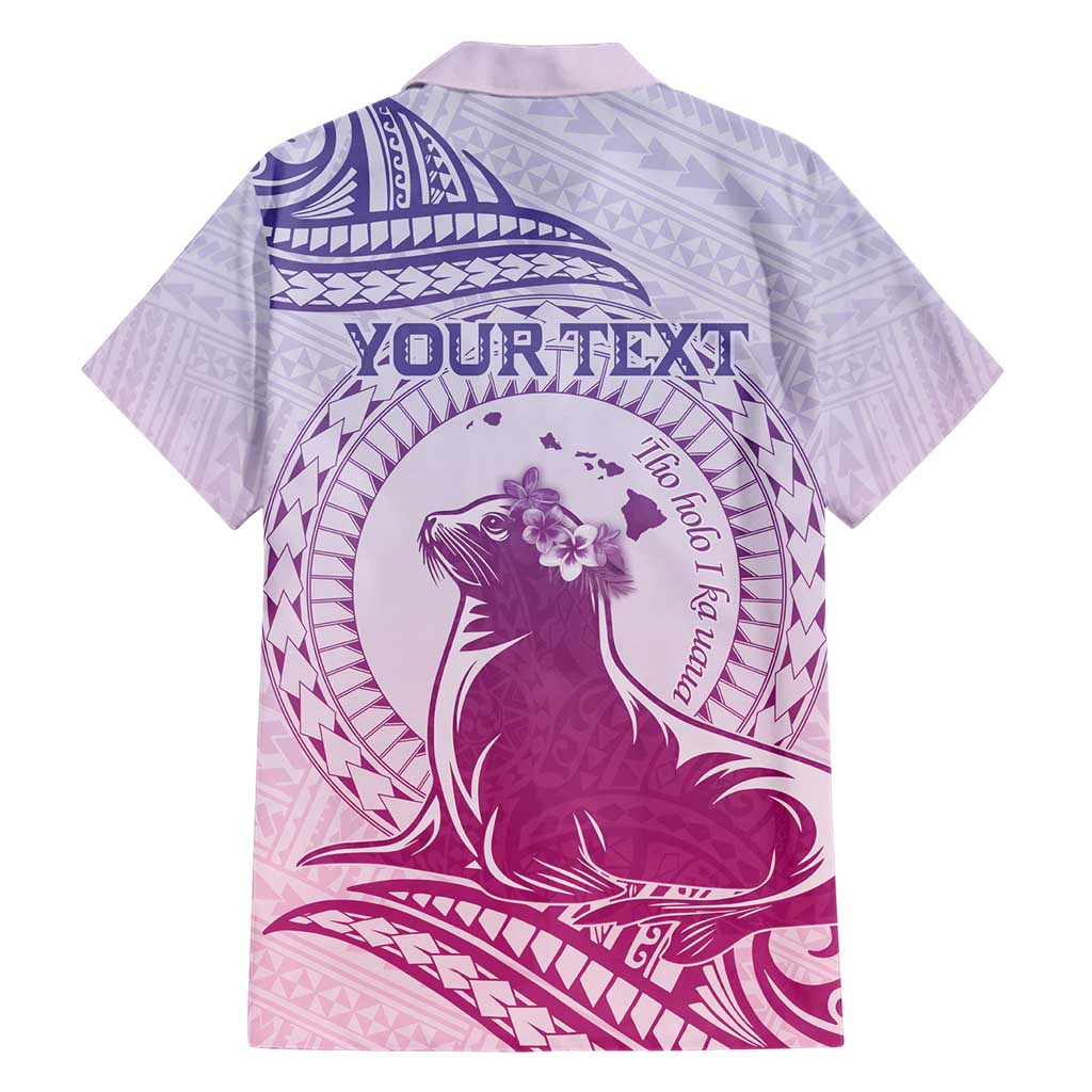 Personalised Hawaii Monk Seal Family Matching Short Sleeve Bodycon Dress and Hawaiian Shirt Polynesian Tattoo With Tropical Flowers - Purple Gradient