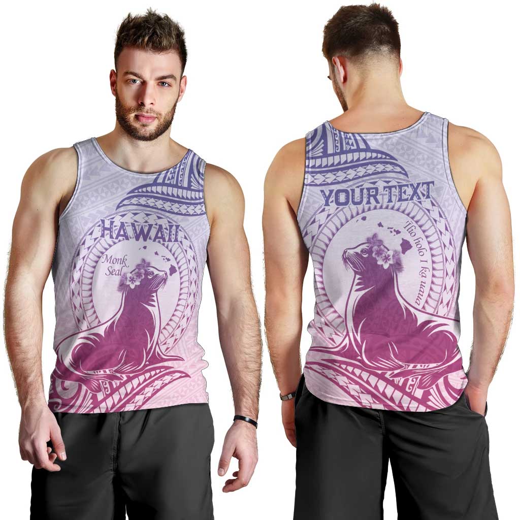 Personalised Hawaii Monk Seal Men Tank Top Polynesian Tattoo With Tropical Flowers - Purple Gradient