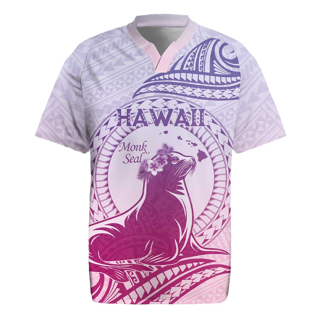 Personalised Hawaii Monk Seal Rugby Jersey Polynesian Tattoo With Tropical Flowers - Purple Gradient LT14 Purple - Polynesian Pride