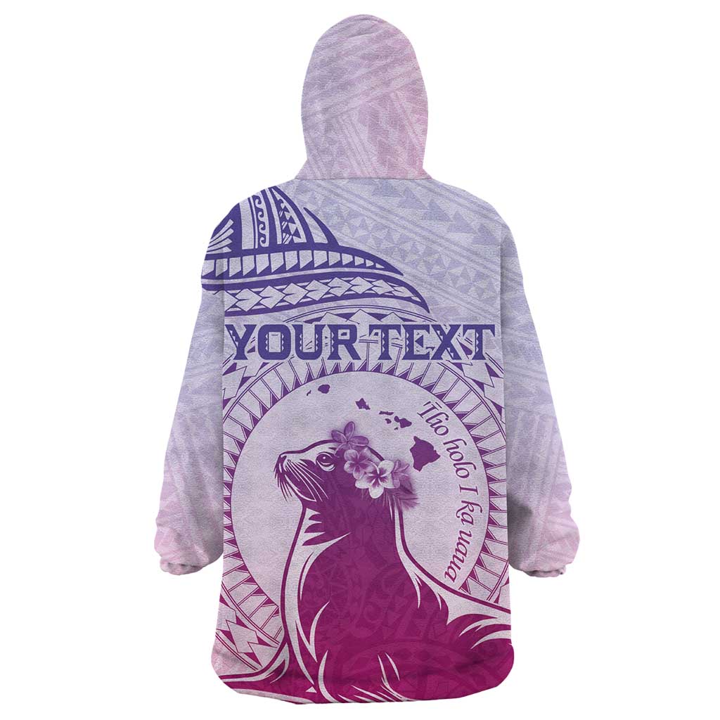 Personalised Hawaii Monk Seal Wearable Blanket Hoodie Polynesian Tattoo With Tropical Flowers - Purple Gradient