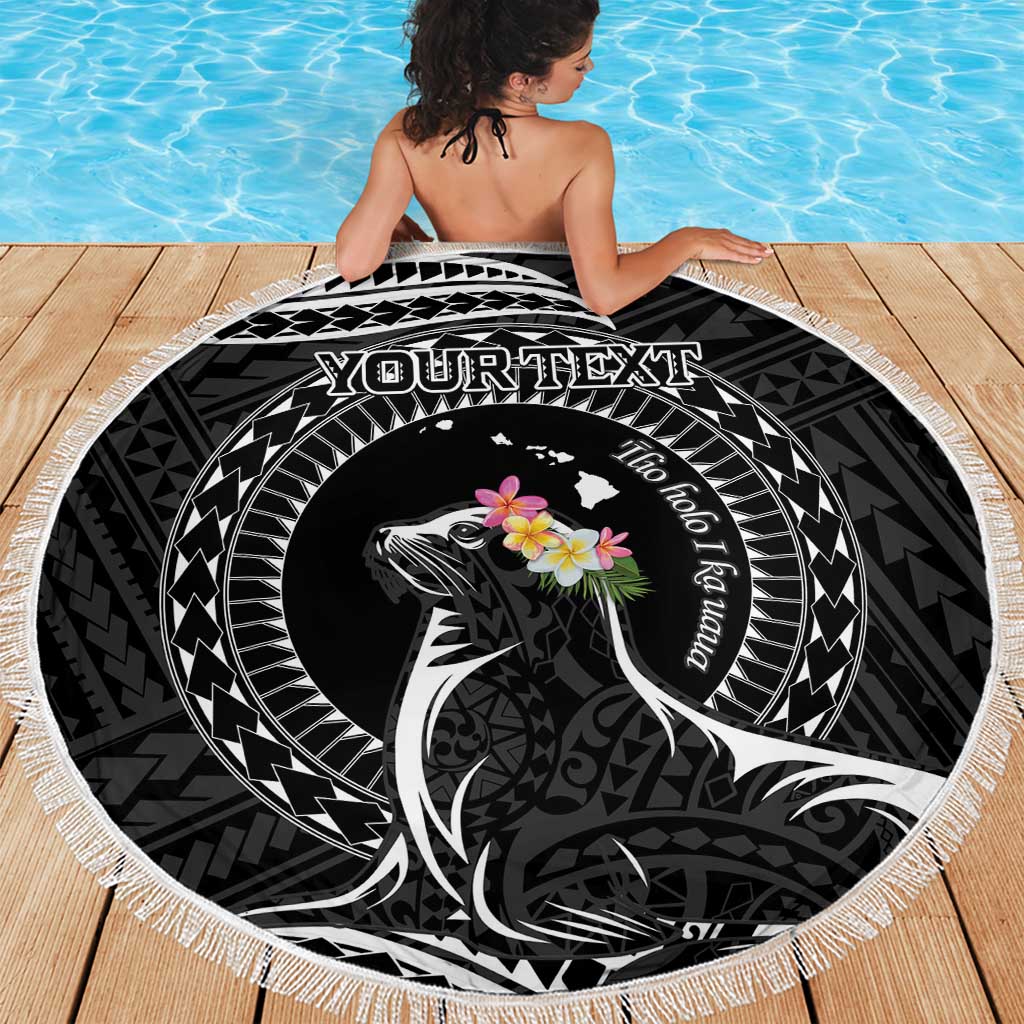 Personalised Hawaii Monk Seal Beach Blanket Polynesian Tattoo With Tropical Flowers - Black