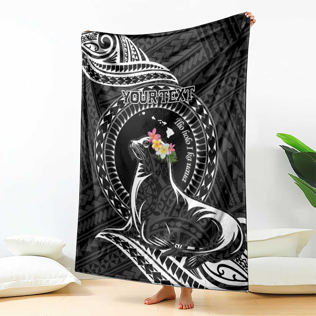 Personalised Hawaii Monk Seal Blanket Polynesian Tattoo With Tropical Flowers - Black